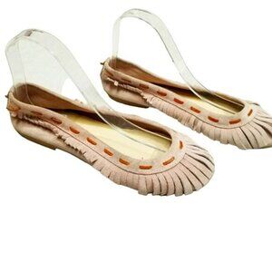 SUNDANCE Moccasins Pink Fully Fringe Suede Ballet Flats Leather Slippers Size 38